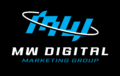 MW Digital Marketing Group Logo black background, cyan blue logo, white lettering